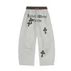 Pantalones de chándal retro americanos con estampado de leopardo, retazos, plisados, curvos, para hombre, con diseño de letras, ajuste holgado, pantalones de pierna ancha fluidos, marca de moda