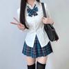 Uniforme JK Estilo Academia Japonesa Camisa Branca de Manga Longa com Decote em V com Design Acinturado, Conjunto Versátil de Saia Xadrez, Sem Amassar e Doce