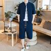 Traje de algodón y lino para hombre estilo chino nuevo de primavera y verano 2020, abrigo de media manga, pantalones capri, talla grande, traje Tang de dos piezas