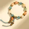 Pulseira de Sândalo Verde Estilo Lingyin Deus da Riqueza com Contas de Ágata Lótus para Atrair Riqueza e Boa Sorte