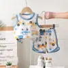 2025 Novo Conjunto de Colete de Algodão Puro para Crianças Pijamas de Shorts de Verão para Meninas Roupas Infantis Estilo Coreano para Meninos Sem Mangas