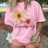 Camiseta Europea de Talla Transfronteriza con Estampado Floral Brillante, Mangas Cortas, Cuello Redondo, Estilo Europeo y Americano, Camiseta Cómoda y Casual de Manga Corta