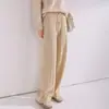 Pantalones de punto de lana pura de pierna ancha con jacquard de espiga hilo dorado y plateado cintura alta para mujer, pantalones rectos casuales holgados, pantalones largos estilo otoño e invierno