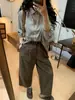 Pantalones Cropped Rectos Sueltos Tridimensionales de Algodón Lavado de Alto Recuento para Mujer Principios de Otoño Sueltos Casuales de Pierna Ancha
