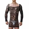 Falda ajustada de malla hueca jacquard de manga larga para hombre, malla transparente, para club nocturno, modelo masculino, disfraz, pelo gay de mujer