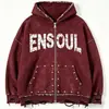 Sudadera con capucha de remaches de alta resistencia, sudadera con capucha con cremallera, lavada, desgastada y rota, estilo callejero americano, corte holgado para hombre
