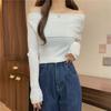 Gola Canoa Ombro a Ombro Manga Longa Tricô Outono Novo Design Fenda Sexy Estilo Ocidental Slim Top Base para Mulheres