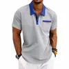 Camisa Polo de Punto Waffle para Hombre de Comercio Exterior Europeo y Americano, Color de Verano Bloqueado, Cuello Campana, Manga Corta, Bolsillo, Top Casual
