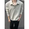 Camisa Polo de Linho Imitação Estilo Old Money de Manga Longa para Homens, Camiseta Americana Tendência para Primavera e Outono em Camadas, Top Soltinho com Gola Reversível