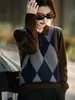 Suéter de Punto Fino con Cuello Polo para Mujer, Manga Larga, Patrón de Diamantes, Bloques de Color, Suéter Básico, Nuevo para Otoño e Invierno 2026