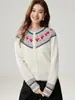 Cardigã de cashmere jacquard Fair Isle, gola redonda, cores contrastantes, estilo étnico, punhos canelados, solto, macio, peça de outer wear de tricô, suéter