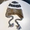Gorro de Punto Cálido Estilo Étnico con Cordón para Otoño e Invierno con Jersey de Retazos Rayados, Forro Polar, Ala Ancha, Gorro Engrosado