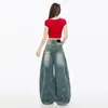 Jeans largos com lavagem desgastada estilo retrô americano para mulheres, novo verão 2026, cintura alta, calça banana versátil em formato de foice
