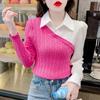 Nuevo suéter de otoño temprano para mujer de dos piezas falsas 2025 otoño moda moderna estilo occidental costuras otoño manga larga top