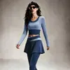 Conjunto Deportivo Casual de Yoga para Mujer Falso Dos Piezas Cuello Redondo Manga Larga Shorts de Cintura Alta Secado Rápido Transpirable Entrenamiento de Fitness Versátil