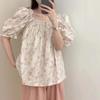 2026 Novo Estilo de Verão Estilo Coreano Gola Quadrada Blusa Floral Camisa Solta de Manga Curta Camisa Feminina Top Doce