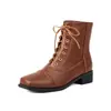 Botines cortos de cordones con punta cuadrada y tacón medio para mujer, estilo otoño/invierno talla grande, Botas Martin europeas y americanas, modelo de exportación 3-639