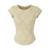 Camiseta de Renda com Gola Redonda e Manga Curta Estilo Pure Desire Verão Nova Elegante Versátil Slim Fit Bainha Curva Inferior Camisa