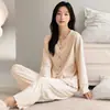 Pijama para mujer, de manga larga, pantalón largo, primavera/otoño/invierno, algodón puro, estilo fino de verano, de abertura frontal, estampado, con cuello de solapa, conjunto de loungewear