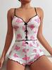 Conjunto de Pijama Sexy de Camisola Transfronteiriço com Laço Estampa de Coração Duas Peças Confortável Roupa de Casa Canelada