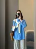 Xale de tricô com blocos de cor casual intelectual estilo coreano, camisa de manga longa 100% algodão de corte solto, novo design versátil 2026