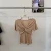 Camiseta de Manga Corta Azul con Adorno de Encaje Trenzado Estilo Coreano para Mujer, Top de Verano Ajustado