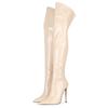 Botas de Moda Transfronteiriças Bico Fino Zíper Traseiro Salto Agulha Botas de Perna Fina Exportação Botas Femininas Europeias e Americanas Acima do Joelho Couro Brilhante Botas 42