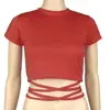 Venta caliente de verano Ins europeo y americano nuevo sexy camiseta ombliguera para mujer con tiras de encaje, top ajustado adelgazante con cordón, manga corta