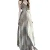 En stock: Vestido de Malla con Tirantes Degradados Estilo Hada Francés de Verano con Cuello en V, Ceñido a la Cintura, Adelgazante y Favorecedor para la Figura, Vestido Largo de Vacaciones