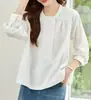 Nova Camisa de Algodão Puro com Gola Redonda e Manga Longa para Mulheres, Estilo Coreano Moderno, Blusa Casual Solta, Top Único, Primavera e Outono de 2026