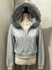 Sudadera con cremallera retro Y2K transfronteriza para chica popular con cuello y visera de pelo, adornada con pedrería, chaqueta cárdigan ajustada