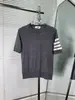 Venta Directa de Fábrica de Camisa de Lana de Punto Transpirable para Mujer de Verano de Manga Corta con Rayas de Cuatro Barras y Cuello Redondo de Alta Calidad
