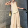 Conjunto de pantalones casuales de pierna ancha, con escote en V y hombros descubiertos, a la moda y versátil, nuevo estilo de verano 2026, elegante chaleco sin mangas y pantalones largos