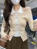 Suéter curto com decote em V vazado feminino, manga comprida, outono e inverno, ombro acolchoado, blusa solta, emagrecedora, casual, cintura alta, malha umbigo