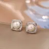 Pendientes Franceses Retro de Perlas Naturales, Pendientes de Circonita de Alta Gama a la Moda, Pendientes Cuadrados Pequeños Exquisitos para Mujer