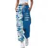 Pantalones jogger casuales de otoño 2024 transfronterizos europeos y americanos con estampado, corte ajustado, cintura alta, cordón y diseño de retazos