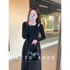 Otoño 2023 Nuevo estilo coreano Vestido negro pequeño de punto simple Vestido largo ajustado elástico de corte A Vestido ajustado con costuras