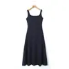 Conjunto de Camisola Larga Estilo Francés Runchi Tallas Grandes 8940 Casual Picante Cuello Cuadrado Ajustado a la Cintura Vestido Tanque Largo