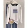 Camiseta de Manga Longa com Bloco de Cores nos Ombros, Ombro Normal, Feminina, Estilo Novo 2026, Aconchegante, Top Preto, Camada Base, Outono