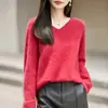 Suéter de Seda de Amora Francesa Sem Costura Escovado com Decote V para Mulheres, Outono/Inverno, Mais Grosso, Quente, Solto, Versátil, Top de Malha Camada Base