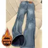 Jeans de Talla Grande Azul Lavado de Tiro Bajo Bootcut para Mujer Primavera y Otoño Nuevo Estilo Americano Pantalones Plisados Drapados Acampanados