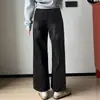 Calça jeans reta preta e cinza para mulheres, novo estilo de outono, tamanho grande americano, cintura alta, modeladora, solta, fluida, perna larga, comprimento até o chão