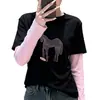 Camiseta de Manga Larga con Estampado de Pony de Dibujos Animados del Caballo, Bloques de Color, Falso Dos Piezas, Nueva Temporada Primavera 2026 para Mujer