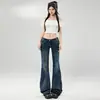 Jeans Acampanados de Tiro Bajo Azul Oscuro para Mujer en Otoño Estilo Americano Delgado Corte Ajustado Sin Piernas Aspecto Adelgazante Pantalones Acampanados en Forma de Herradura
