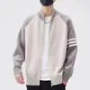 Suéter cárdigan retro americano de doble cremallera y tres rayas, estilo casual y relajado, tejido de punto con cuello en V, chaqueta de color liso unisex