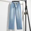 Foto Real de Ropa de Mujer: Jeans Holgados Cónicos, Producto Lavado, Pantalones Largos, Pantalones de Zanahoria, Pantalones Rectos Talla Extra, Estilo Delgado para Mujer