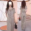 Traje de Moda de Lujo Ligero para Mujer, Nuevo Estilo Verano 2025, Conjunto Elegante y Adelgazante para Mamá, Elegante y Rejuvenecedor Conjunto de Dos Piezas con Pantalones de Pierna Ancha