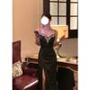 Vestido Estilo Francés con Cuello de Diamantes, Vestido de Tirantes con Cuello en V, Diseño para Mujer, Falda Larga de Dobladillo Amplio Sin Copas