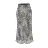 Falda Elegante Adelgazante de Chifón de Seda Dorada con Estampado de Leopardo, Cintura Alta, Versátil para Verano, Falda Bodycon de Estampado de Leopardo de Gama Alta de Nicho