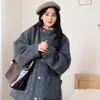 Casaco de Lã Cinza com Capuz de Botão Único com Bolsos Feminino Petite Outono/Inverno Atacado Transfronteiriço Casaco de Lã Espessado